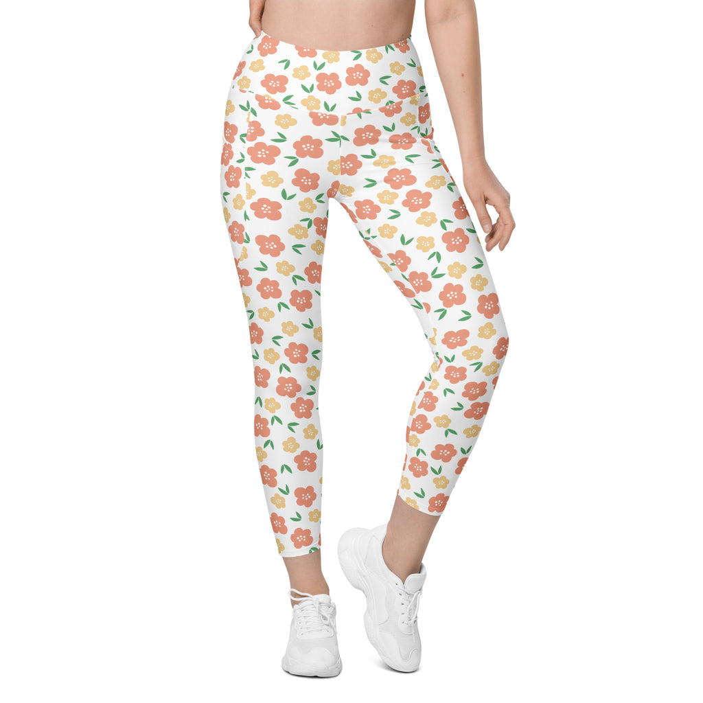 Women’s Orange Floral Yoga Leggings With Pockets – High-Waisted, Soft Compression Active Pants