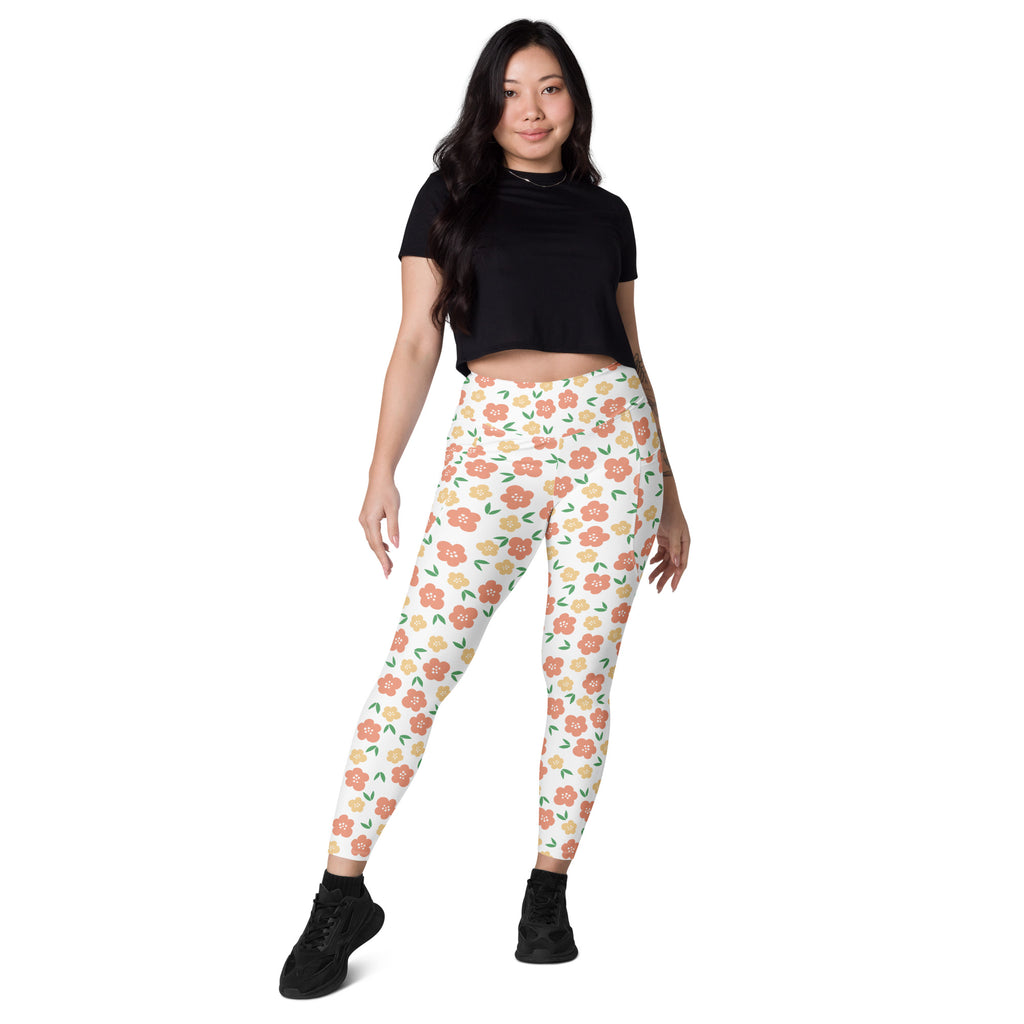 Women’s Orange Floral Yoga Leggings With Pockets – High-Waisted, Soft Compression Active Pants