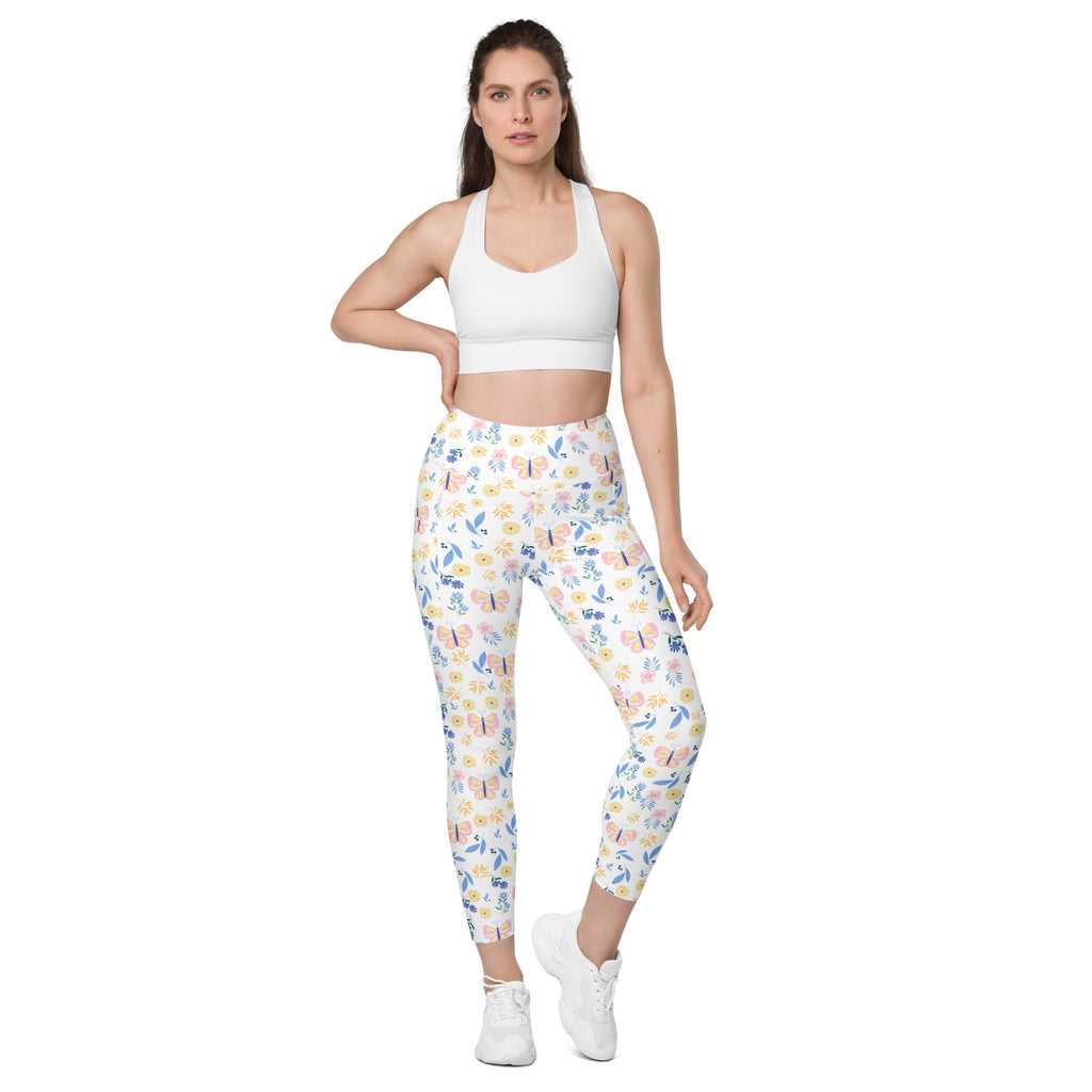 Women’s Butterfly Floral Yoga Leggings With Pockets – High-Waisted, Soft Compression Active Pants