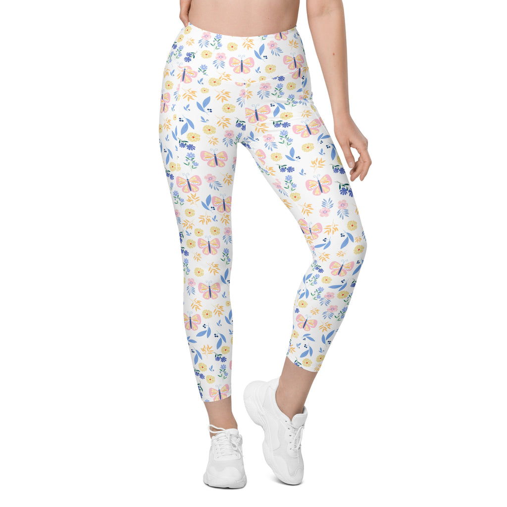 Women’s Butterfly Floral Yoga Leggings With Pockets – High-Waisted, Soft Compression Active Pants