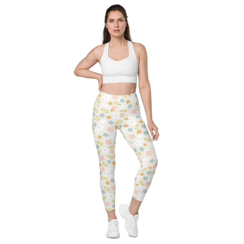 Women’s Pastel Floral Yoga Leggings With Pockets – High-Waisted, Soft Compression Active Pants