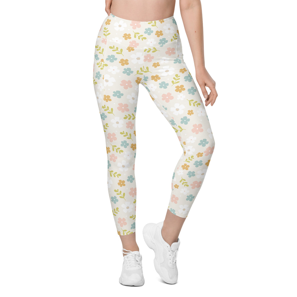 Women’s Pastel Floral Yoga Leggings With Pockets – High-Waisted, Soft Compression Active Pants