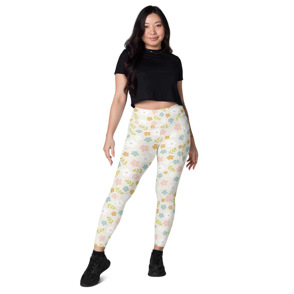 Women’s Pastel Floral Yoga Leggings With Pockets – High-Waisted, Soft Compression Active Pants