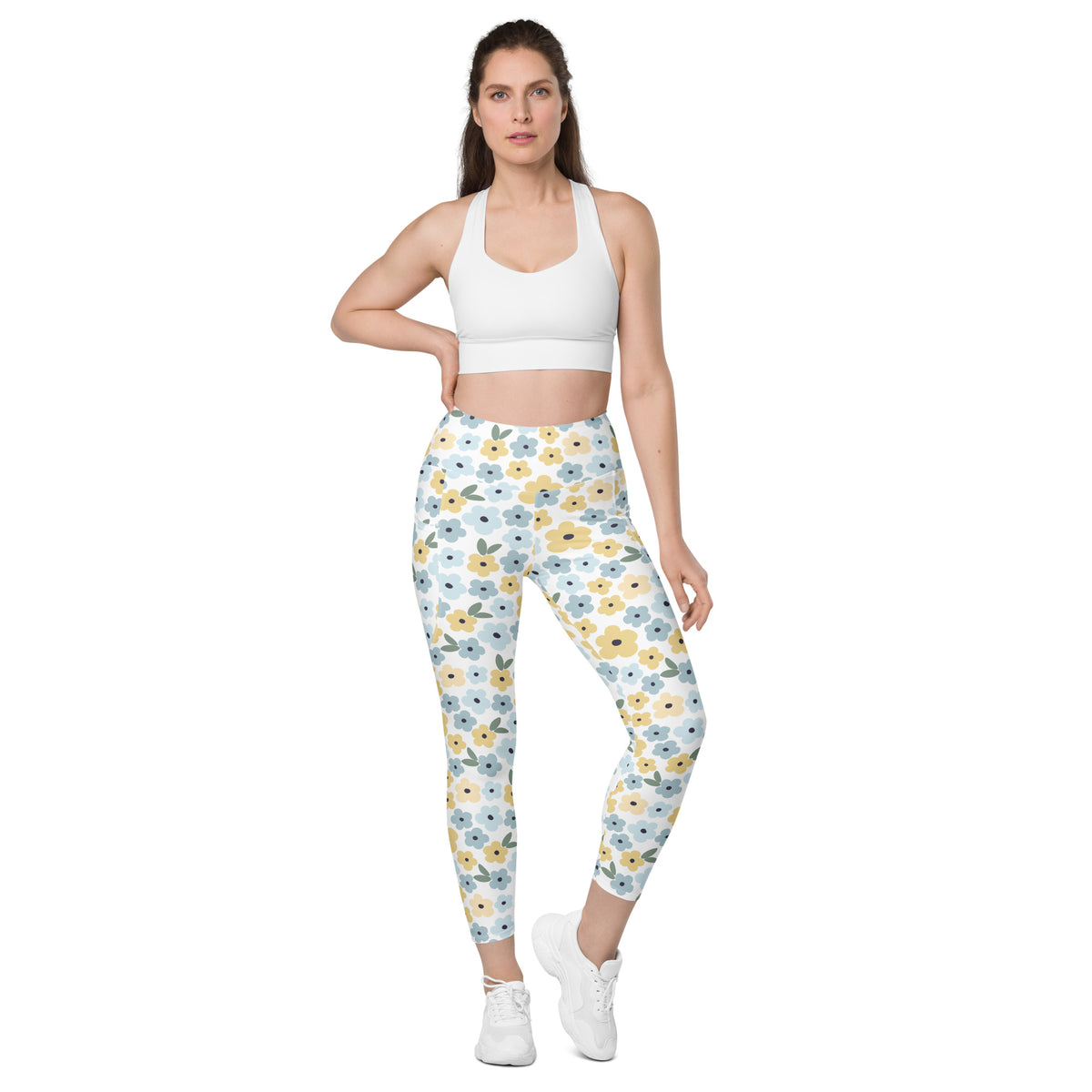 Women’s Blue & Yellow Floral Yoga Leggings With Pockets – High-Waisted, Soft Compression Active Pants