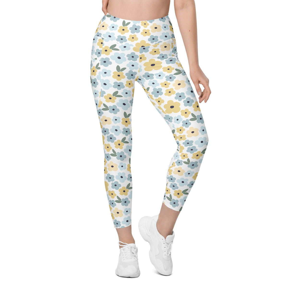 Women’s Blue & Yellow Floral Yoga Leggings With Pockets – High-Waisted, Soft Compression Active Pants