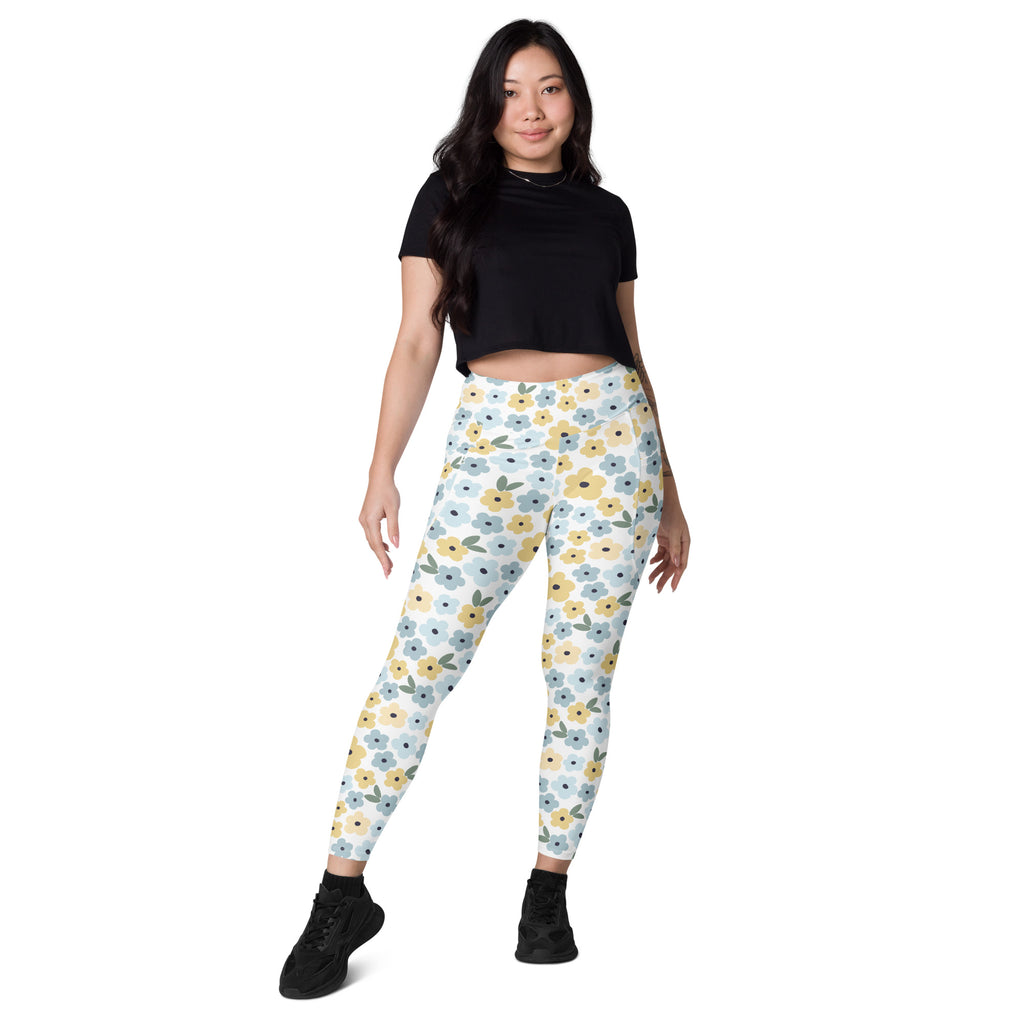 Women’s Blue & Yellow Floral Yoga Leggings With Pockets – High-Waisted, Soft Compression Active Pants