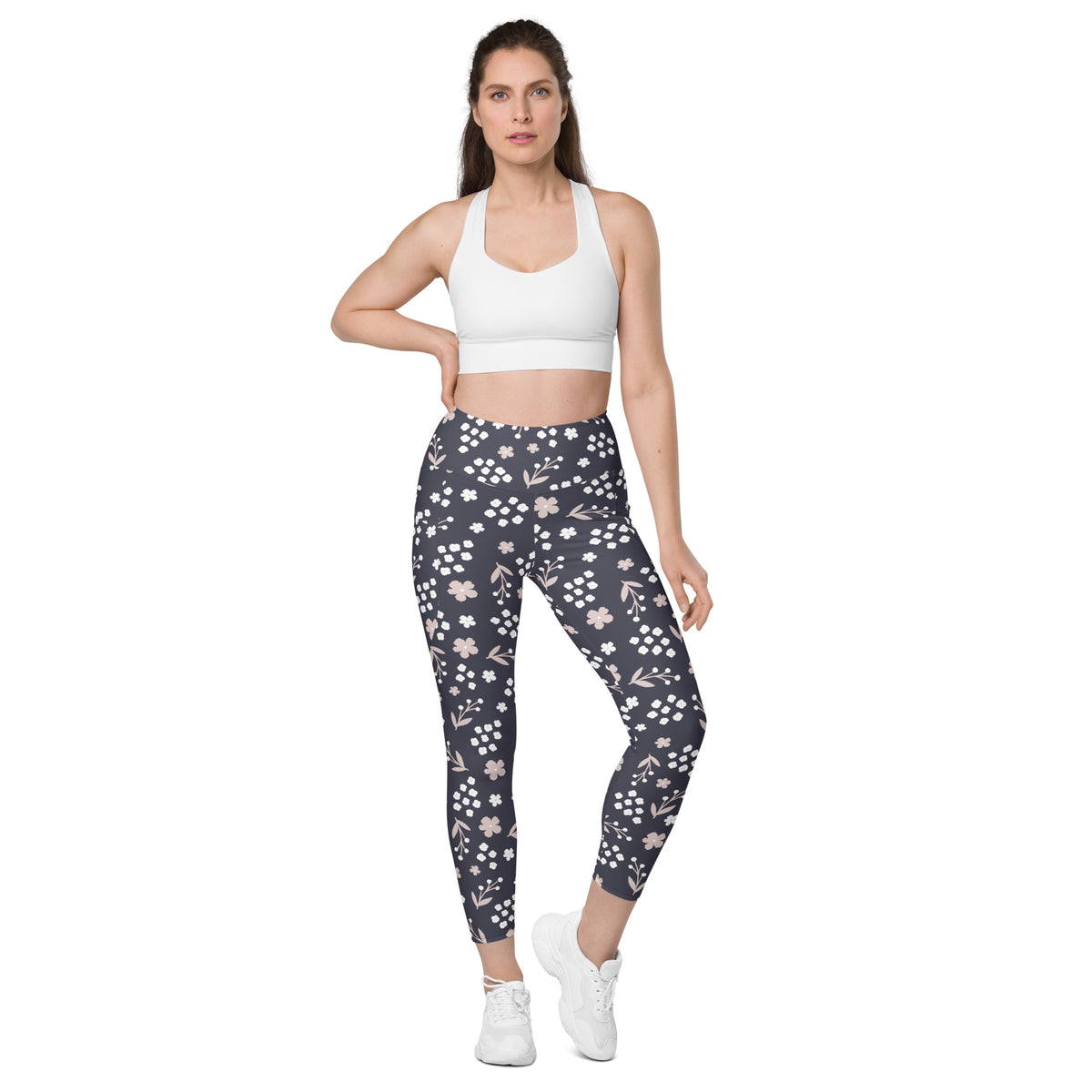 Women’s Dark Floral Yoga Leggings With Pockets – High-Waisted, Soft Compression Active Pants