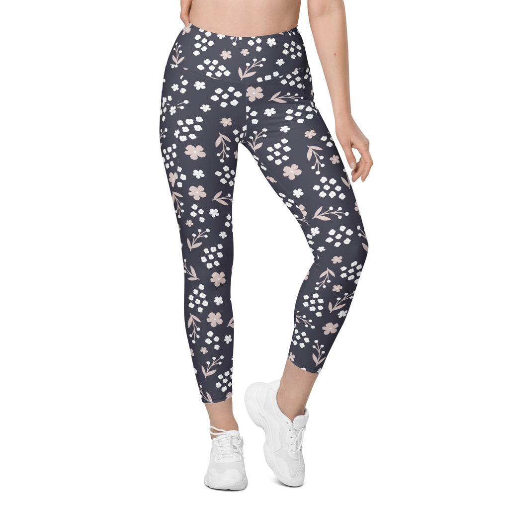 Women’s Dark Floral Yoga Leggings With Pockets – High-Waisted, Soft Compression Active Pants