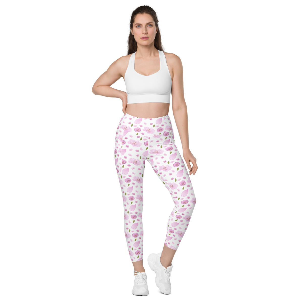 Women’s Pink Watercolor Floral Yoga Leggings With Pockets – High-Waisted, Soft Compression Active Pants