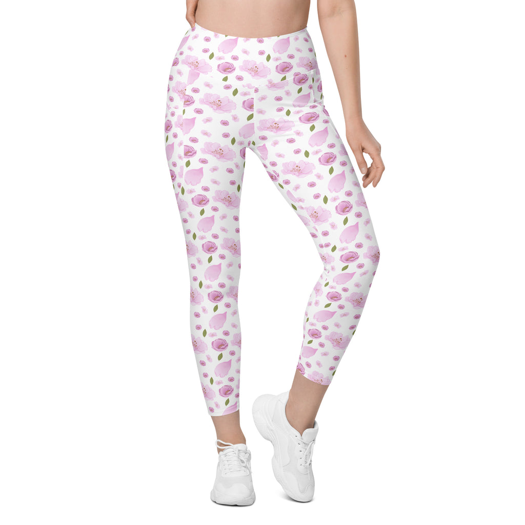 Women’s Pink Watercolor Floral Yoga Leggings With Pockets – High-Waisted, Soft Compression Active Pants