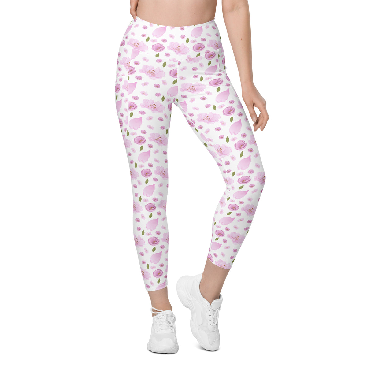 Women’s Pink Watercolor Floral Yoga Leggings With Pockets – High-Waisted, Soft Compression Active Pants