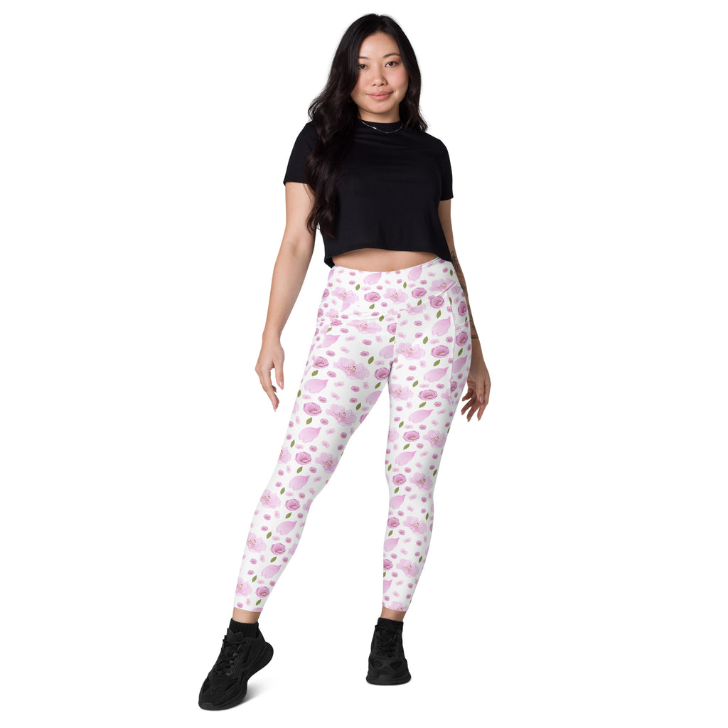 Women’s Pink Watercolor Floral Yoga Leggings With Pockets – High-Waisted, Soft Compression Active Pants