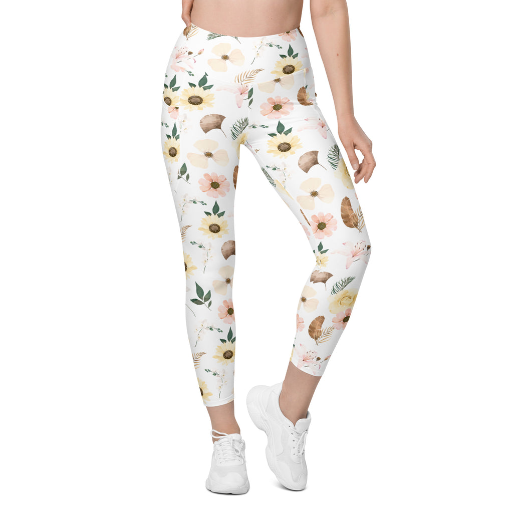 Women’s Sunflower Floral Yoga Leggings With Pockets – High-Waisted, Soft Compression Active Pants