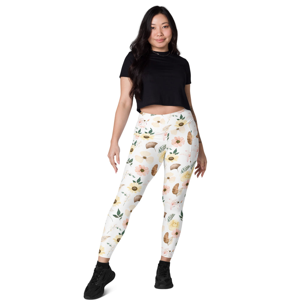 Women’s Sunflower Floral Yoga Leggings With Pockets – High-Waisted, Soft Compression Active Pants