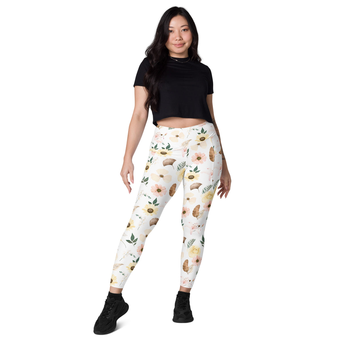 Women’s Sunflower Floral Yoga Leggings With Pockets – High-Waisted, Soft Compression Active Pants