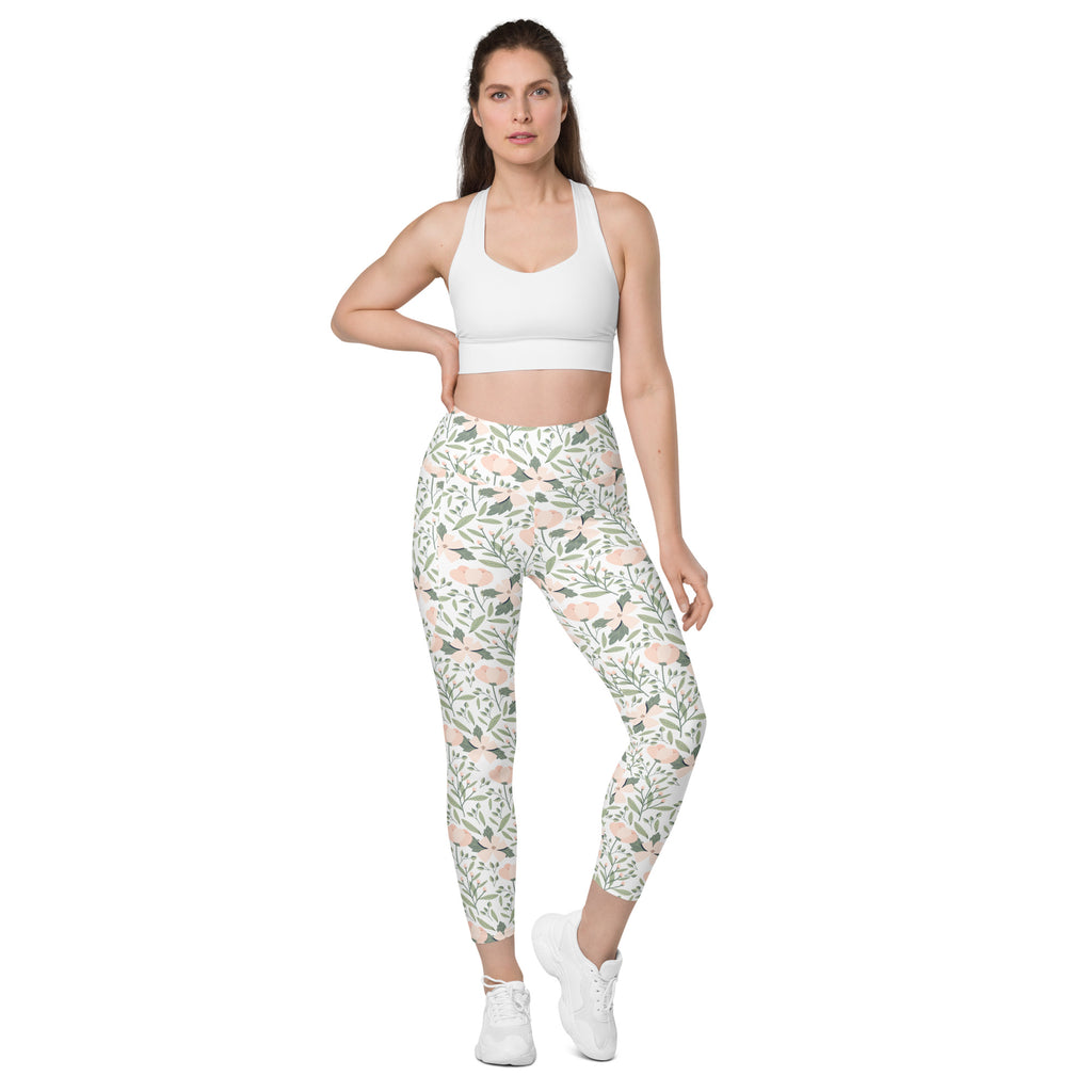 Women’s Blush Floral Yoga Leggings With Pockets – High-Waisted, Soft Compression Active Pants