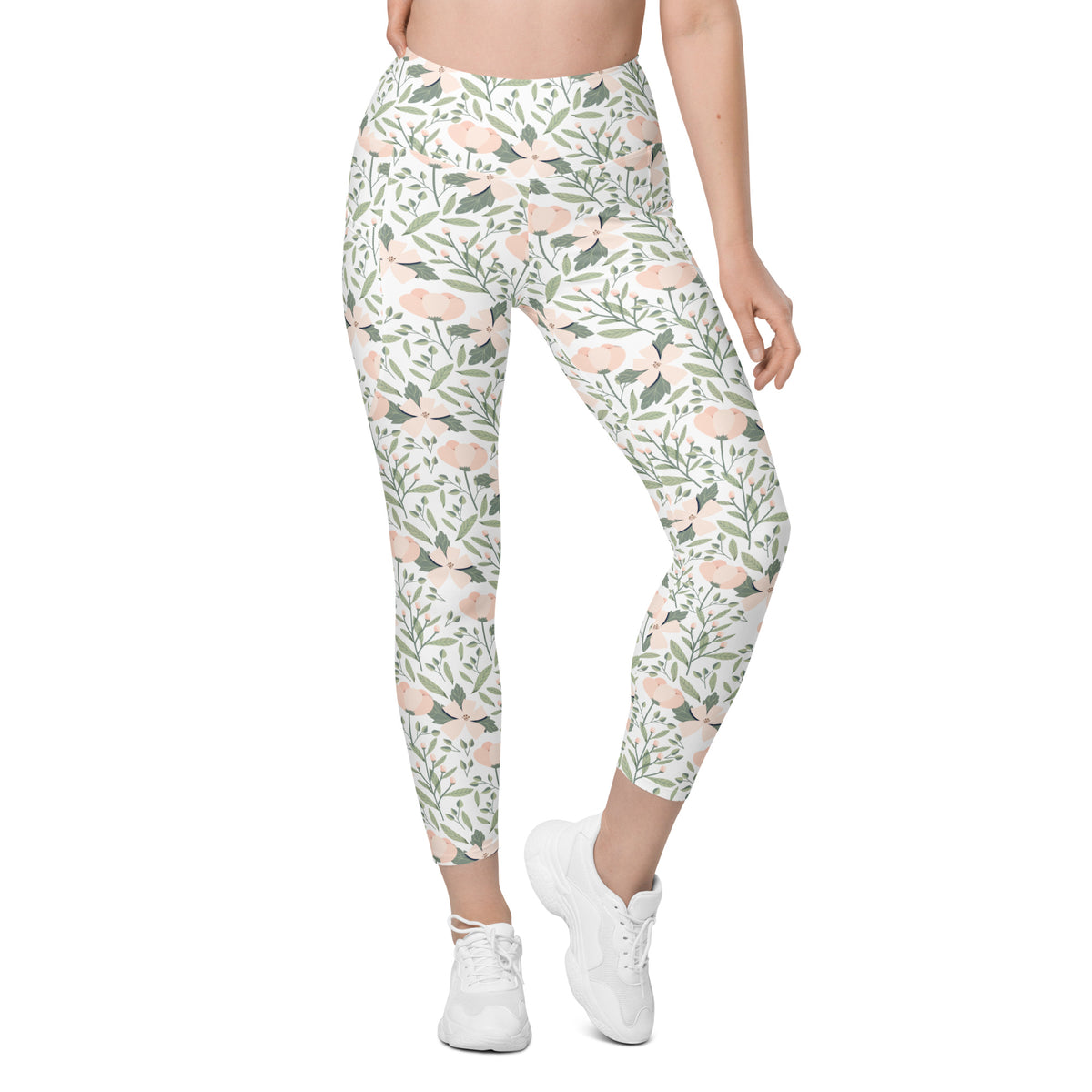 Women’s Blush Floral Yoga Leggings With Pockets – High-Waisted, Soft Compression Active Pants