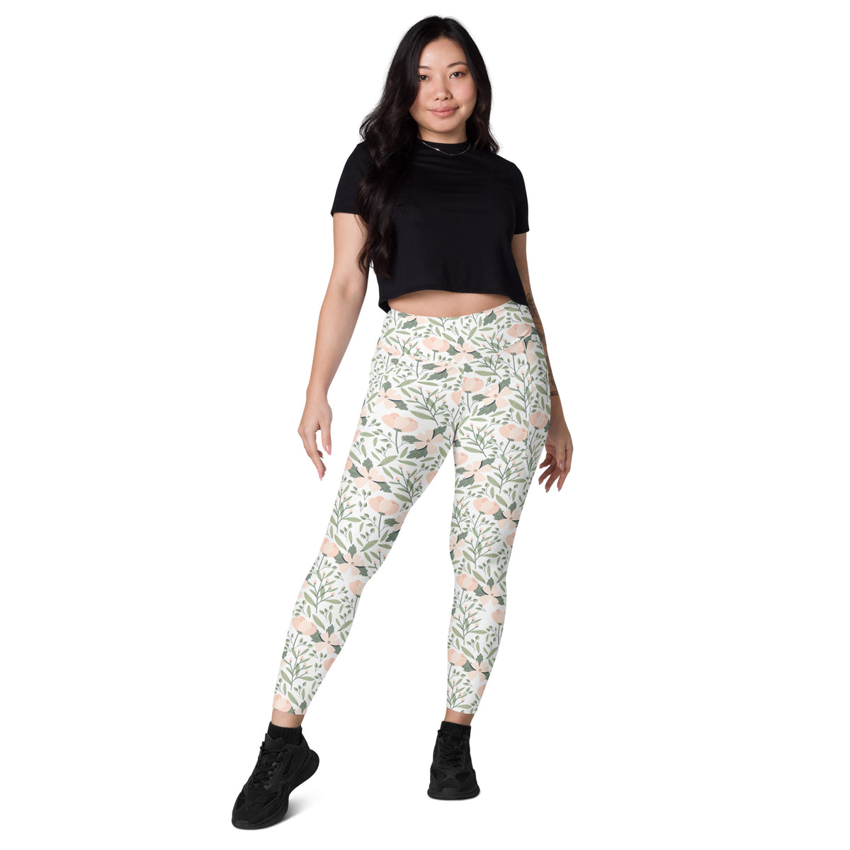 Women’s Blush Floral Yoga Leggings With Pockets – High-Waisted, Soft Compression Active Pants