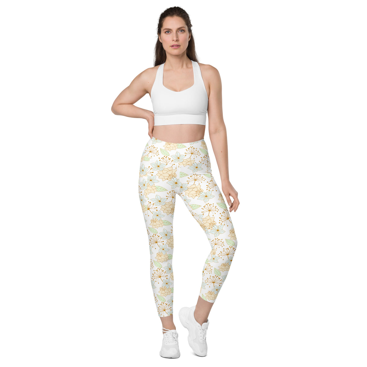 Women’s Pastel Beige Floral Yoga Leggings With Pockets – High-Waisted, Soft Compression Active Pants