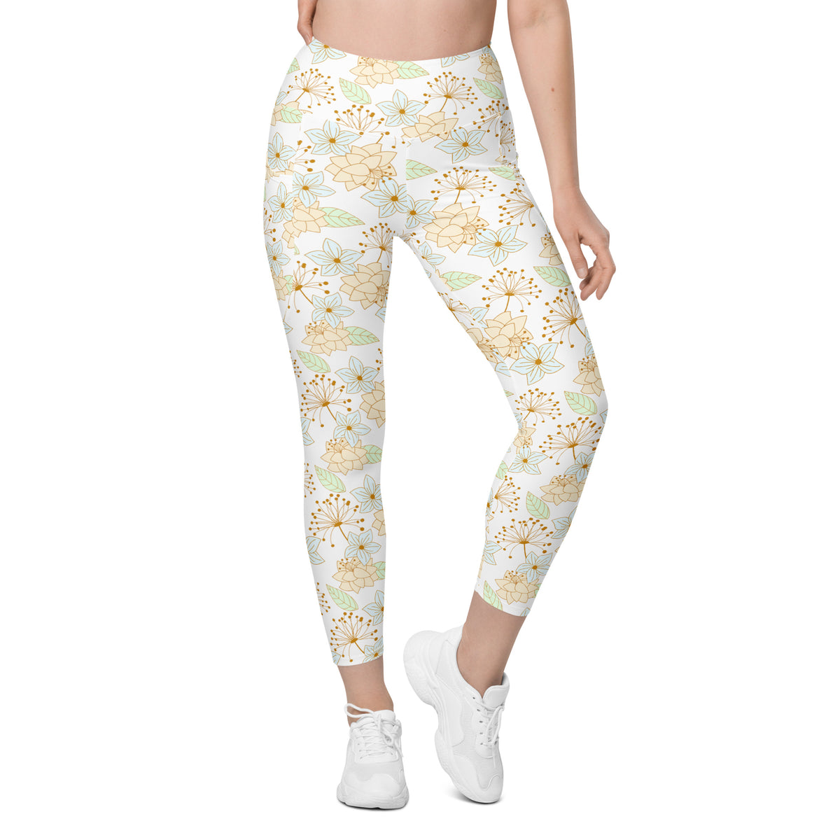 Women’s Pastel Beige Floral Yoga Leggings With Pockets – High-Waisted, Soft Compression Active Pants