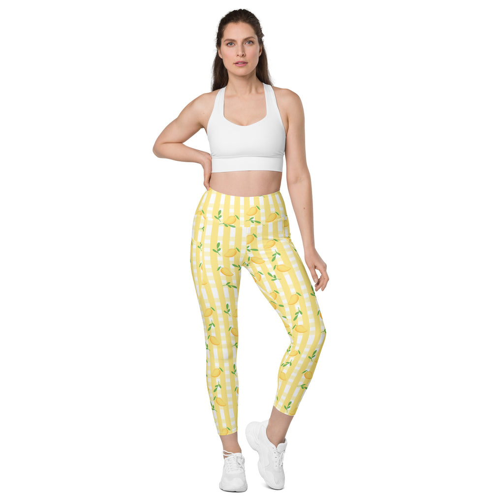 Women’s Yellow Mango Gingham Yoga Leggings With Pockets – High-Waisted, Soft Compression Active Pants