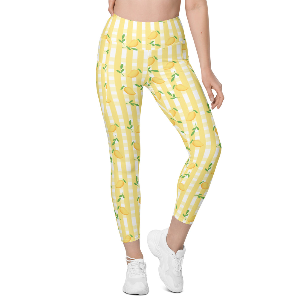 Women’s Yellow Mango Gingham Yoga Leggings With Pockets – High-Waisted, Soft Compression Active Pants