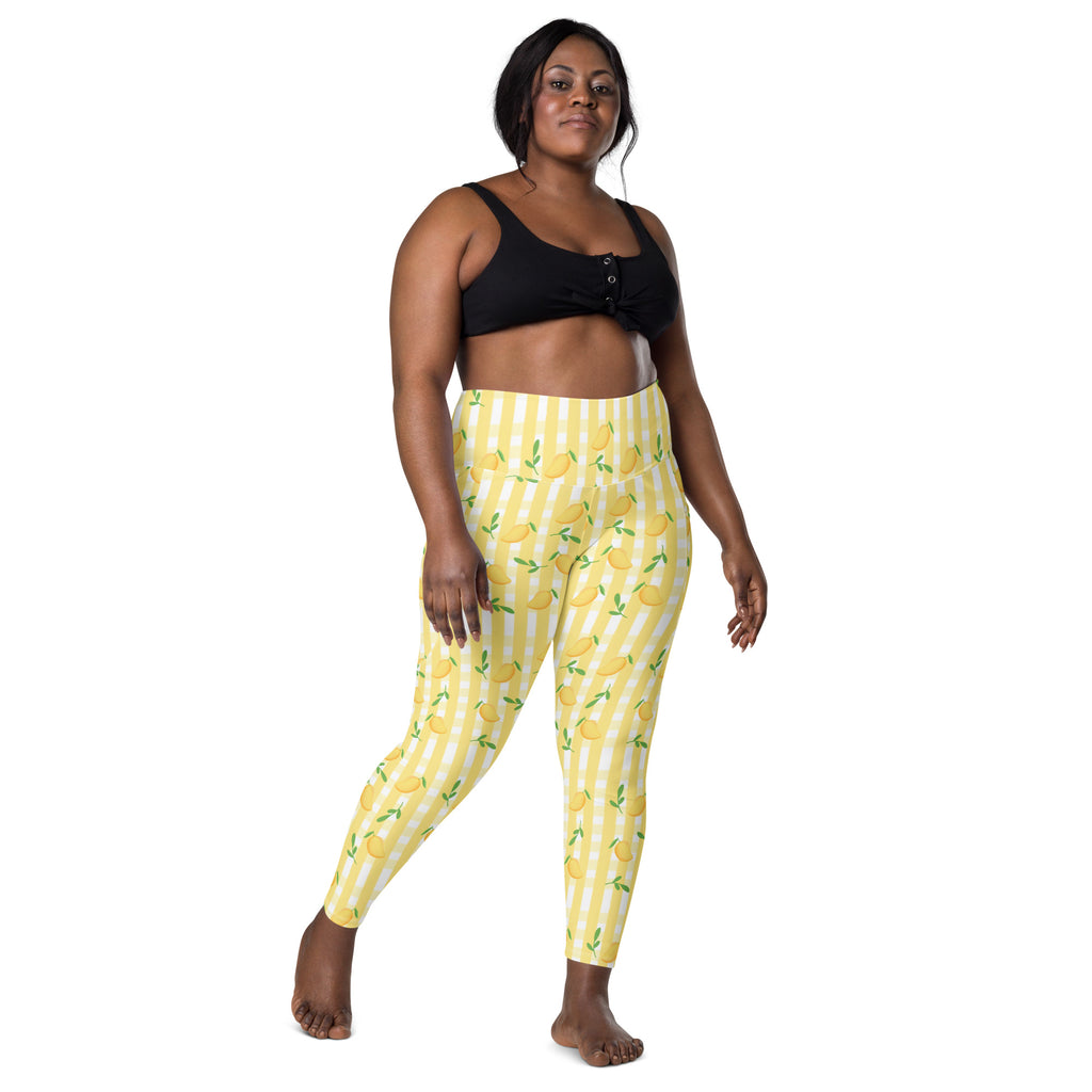 Women’s Yellow Mango Gingham Yoga Leggings With Pockets – High-Waisted, Soft Compression Active Pants