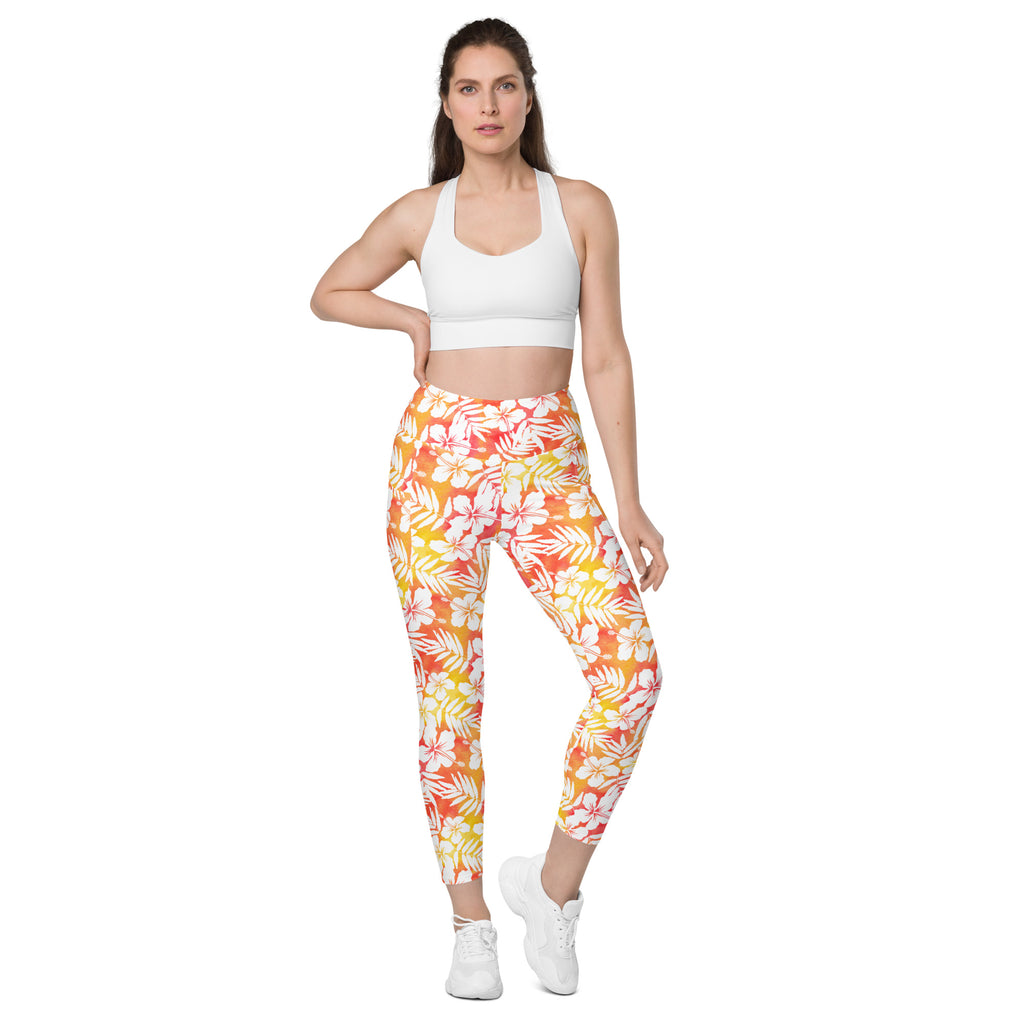 Women’s Orange Tropical Hibiscus Yoga Leggings With Pockets – High-Waisted, Soft Compression Active Pants