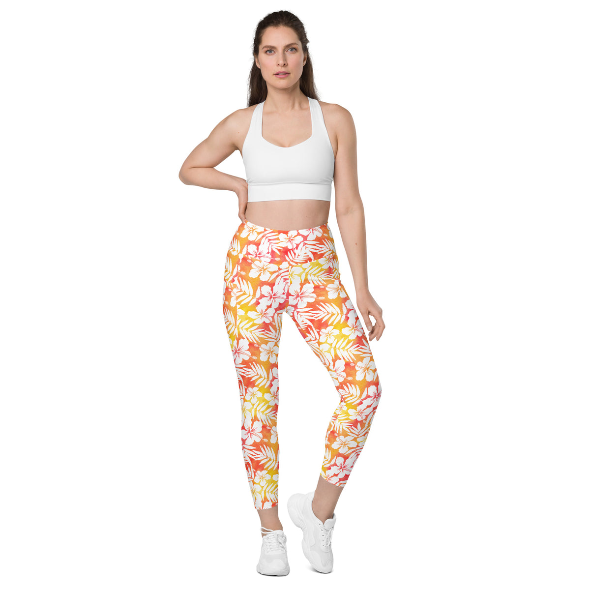 Women’s Orange Tropical Hibiscus Yoga Leggings With Pockets – High-Waisted, Soft Compression Active Pants