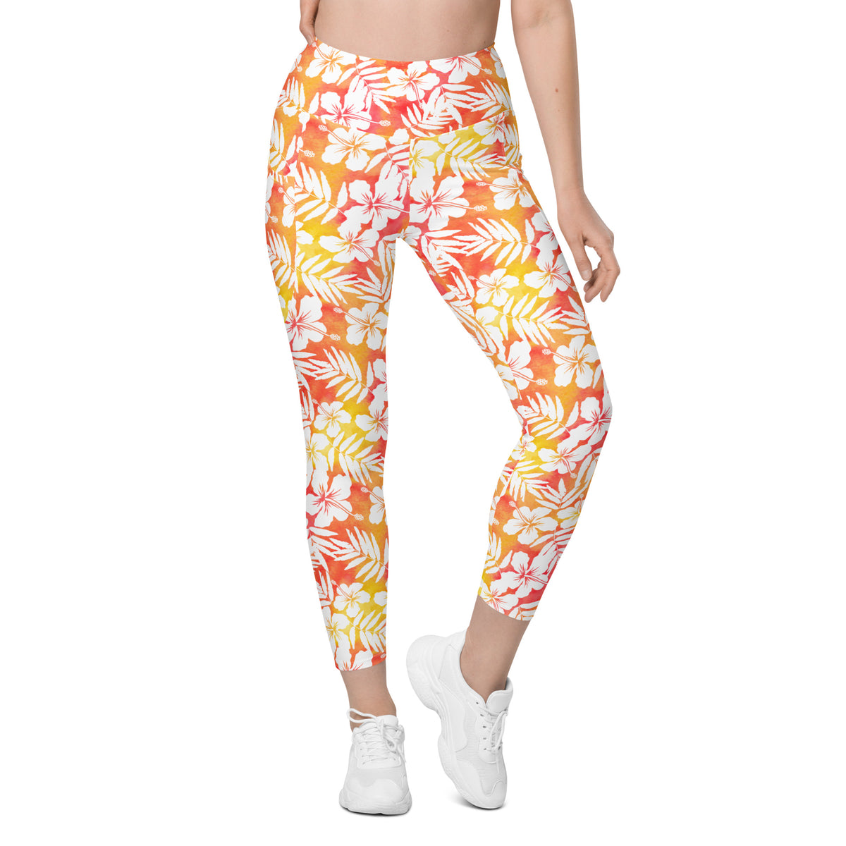 Women’s Orange Tropical Hibiscus Yoga Leggings With Pockets – High-Waisted, Soft Compression Active Pants