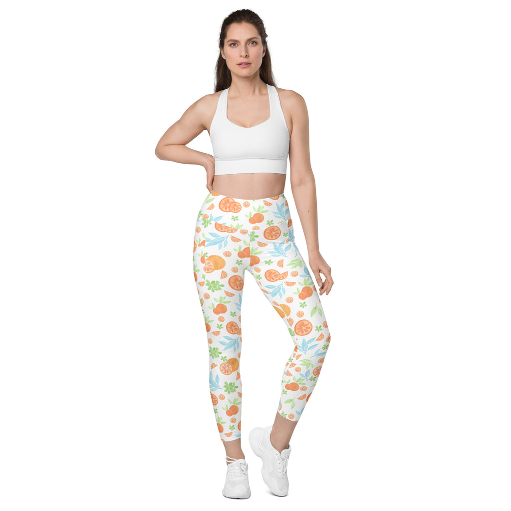 Women’s Watercolor Orange Citrus Yoga Leggings With Pockets – High-Waisted, Soft Compression Active Pants