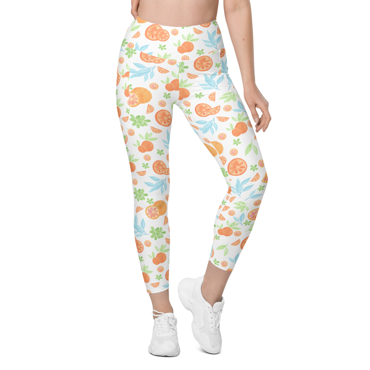 Women’s Watercolor Orange Citrus Yoga Leggings With Pockets – High-Waisted, Soft Compression Active Pants