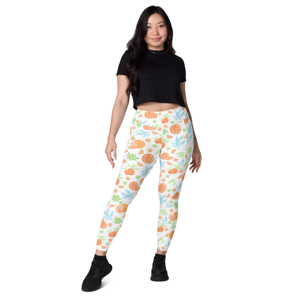 Women’s Watercolor Orange Citrus Yoga Leggings With Pockets – High-Waisted, Soft Compression Active Pants