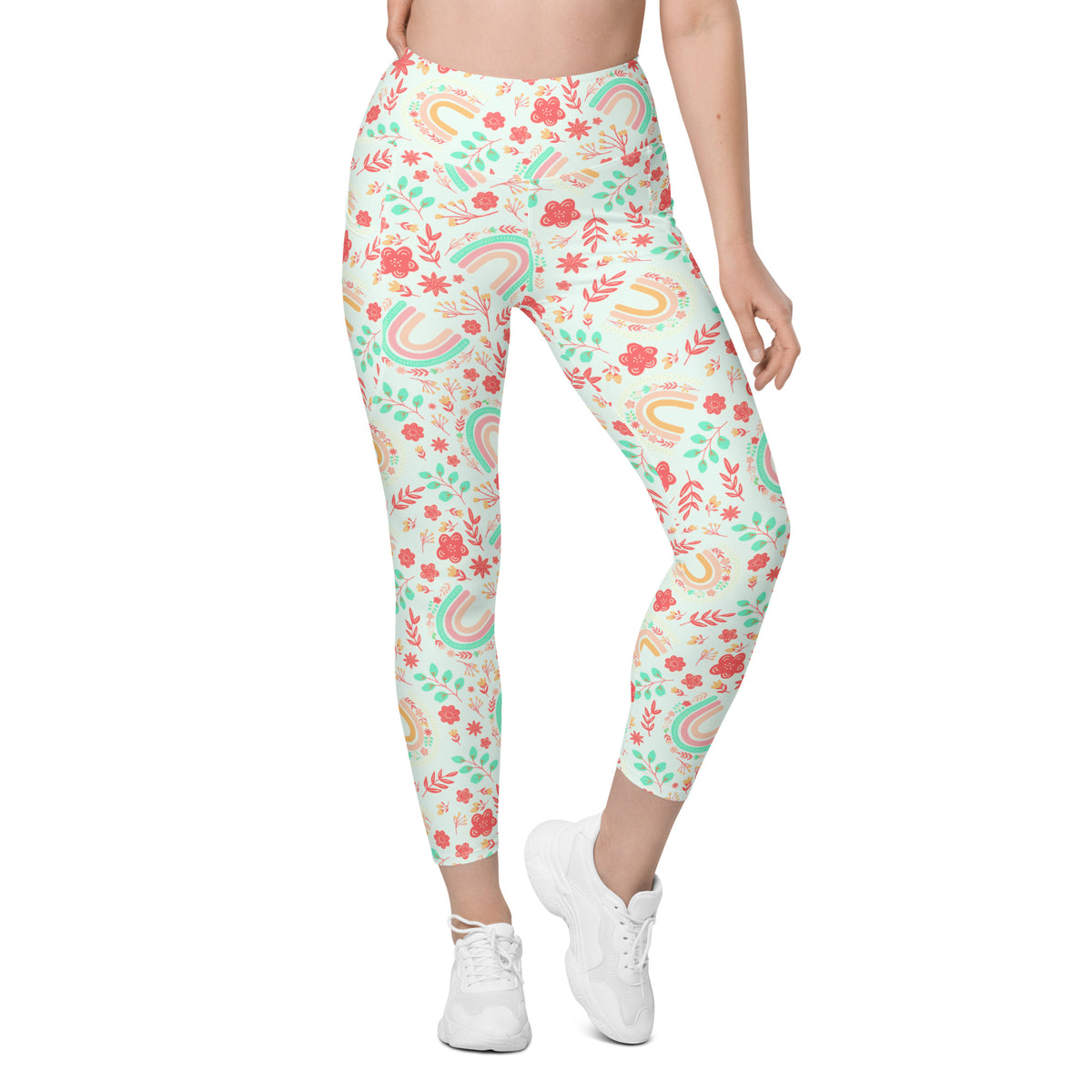 Women’s Boho Rainbow Floral Yoga Leggings With Pockets – High-Waisted, Soft Compression Active Pants