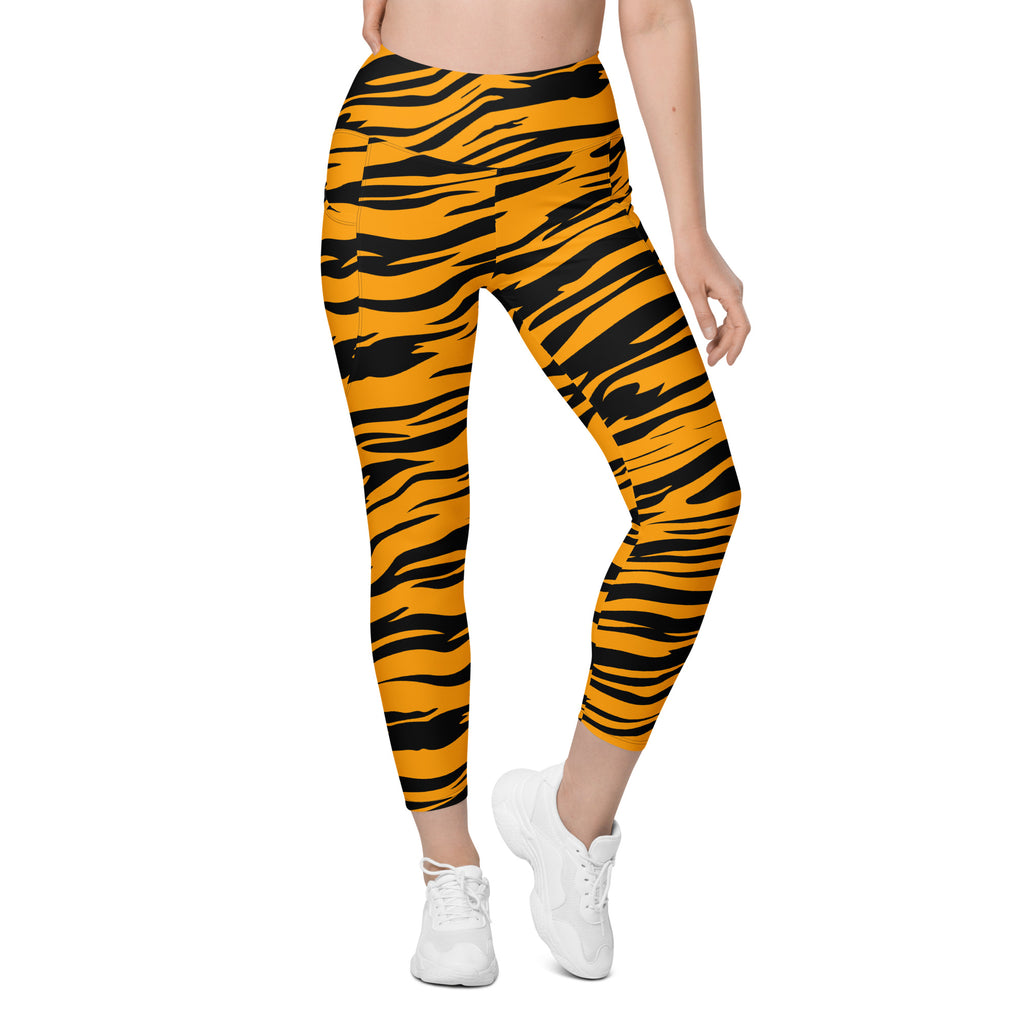 Women’s Orange Tiger Stripe Yoga Leggings With Pockets – High-Waisted, Soft Compression Active Pants