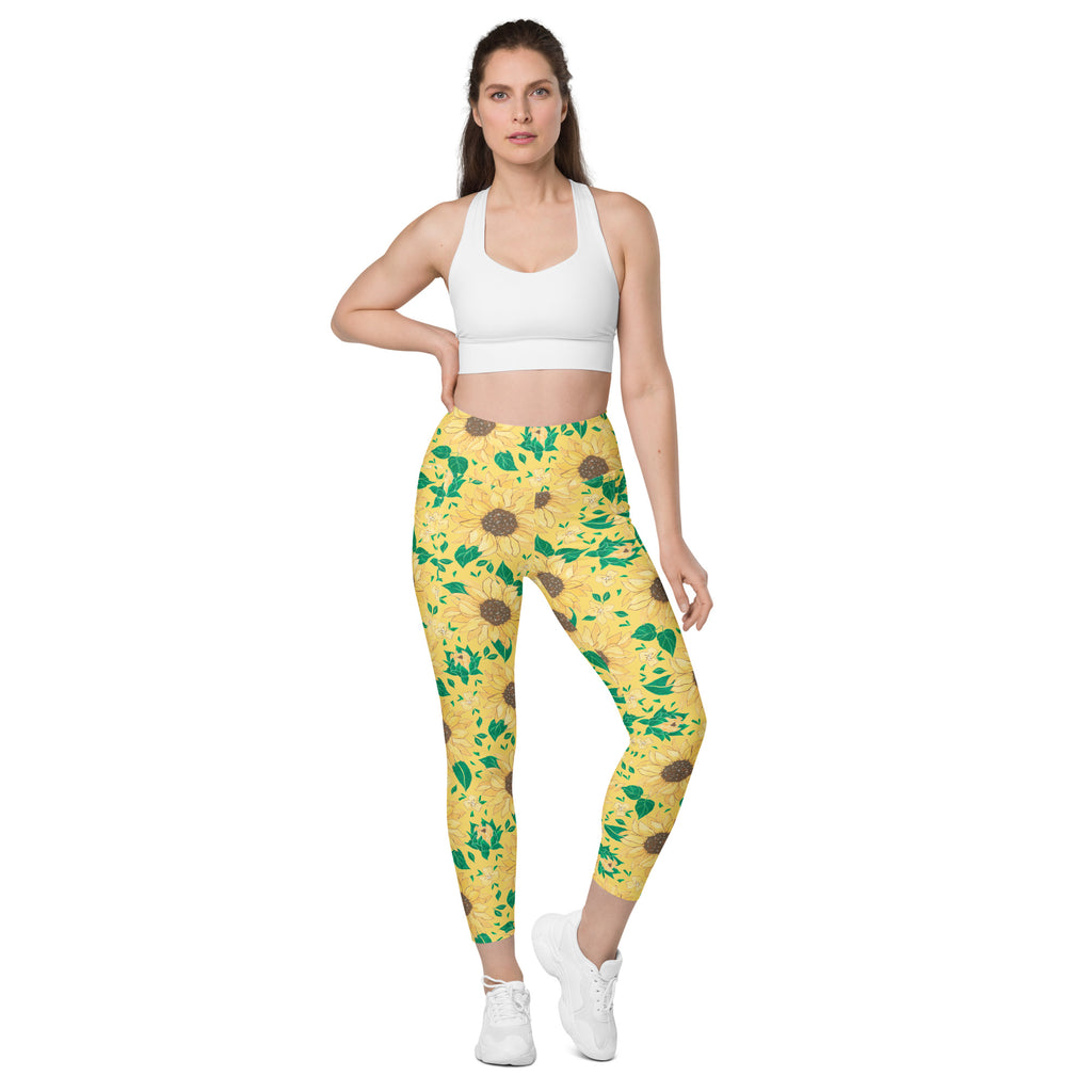 Women’s Watercolor Sunflower Yoga Leggings With Pockets – High-Waisted, Soft Compression Active Pants