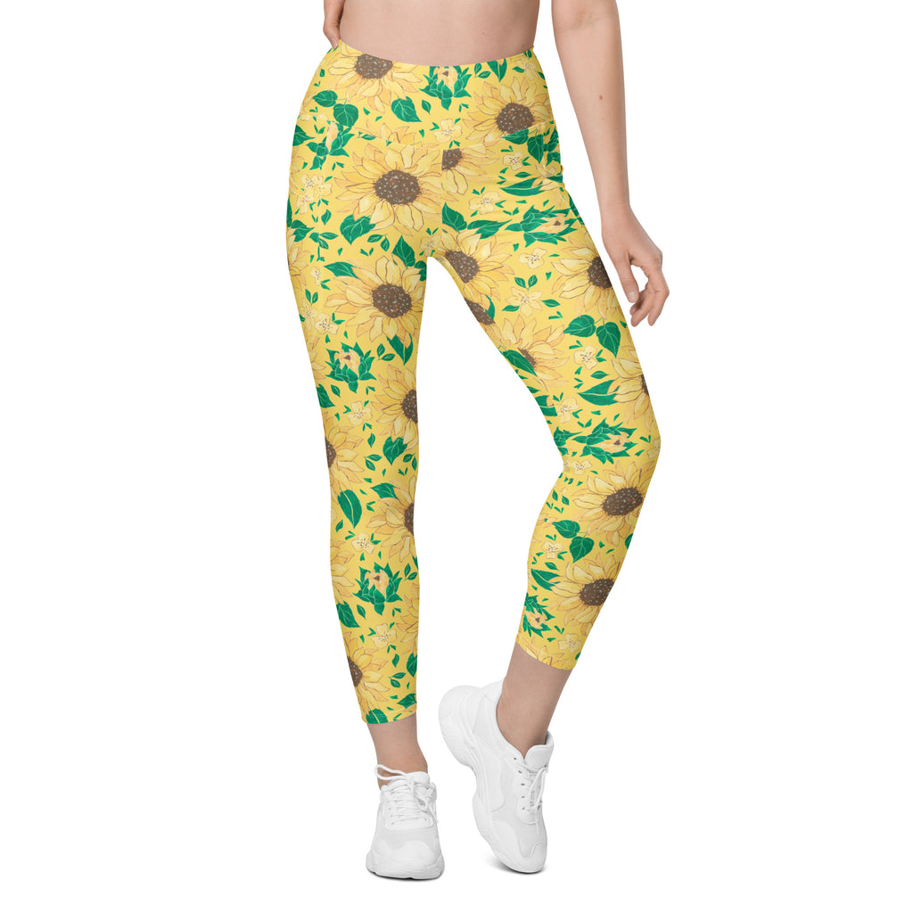 Women’s Watercolor Sunflower Yoga Leggings With Pockets – High-Waisted, Soft Compression Active Pants