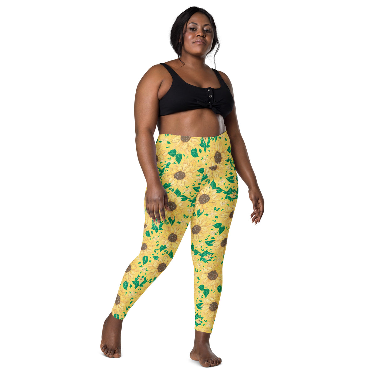 Women’s Watercolor Sunflower Yoga Leggings With Pockets – High-Waisted, Soft Compression Active Pants