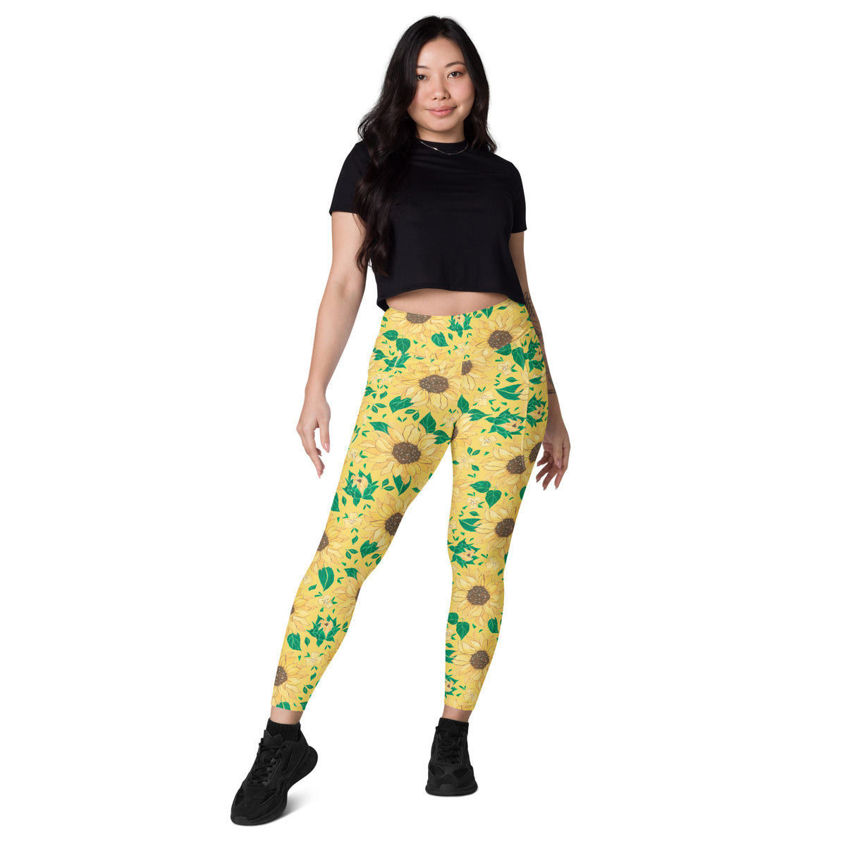 Women’s Watercolor Sunflower Yoga Leggings With Pockets – High-Waisted, Soft Compression Active Pants