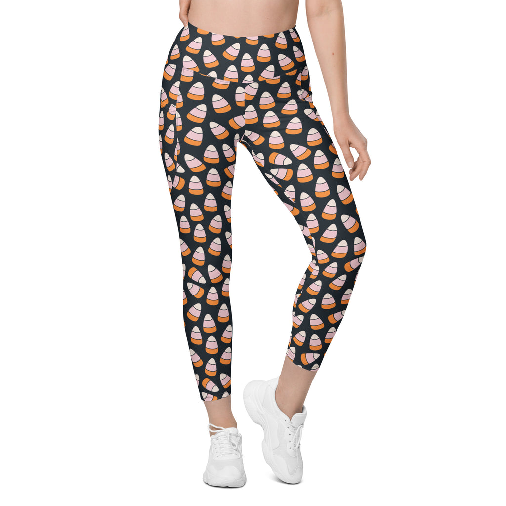 Women’s Pink & Orange Candy Corn Halloween Yoga Leggings With Pockets – High-Waisted, Soft Compression Active Pants