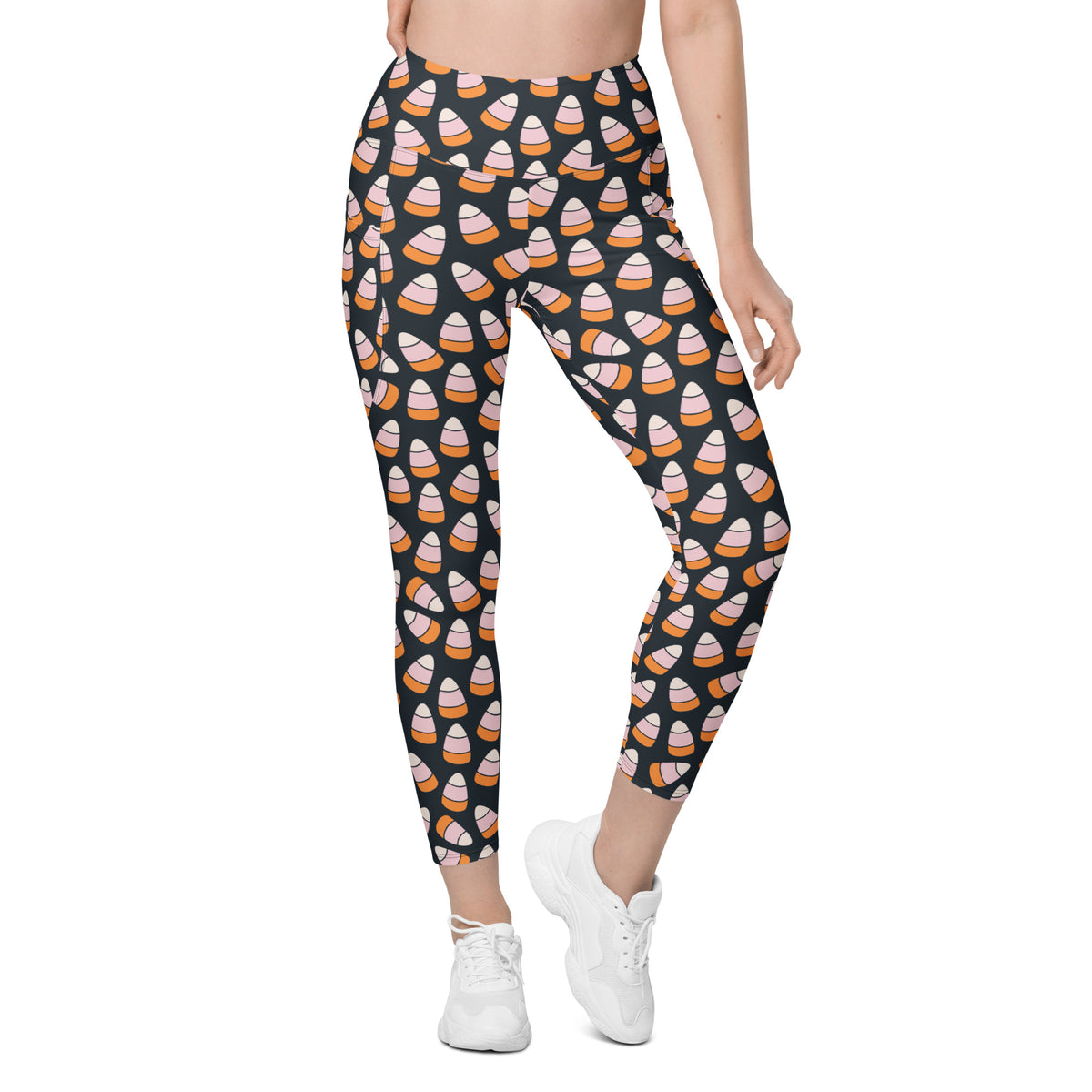 Women’s Pink & Orange Candy Corn Halloween Yoga Leggings With Pockets – High-Waisted, Soft Compression Active Pants