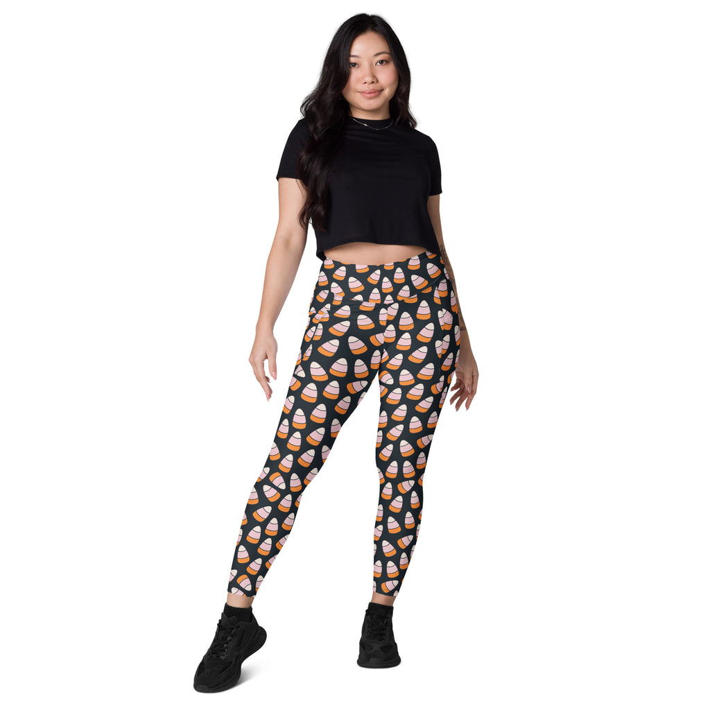 Women’s Pink & Orange Candy Corn Halloween Yoga Leggings With Pockets – High-Waisted, Soft Compression Active Pants