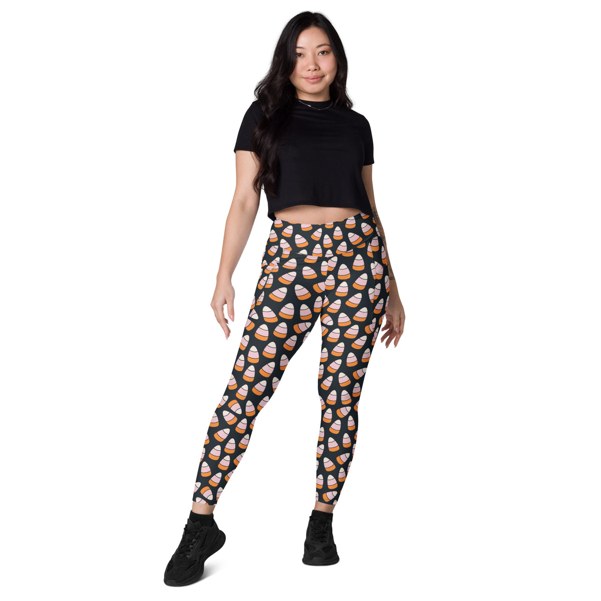 Women’s Pink & Orange Candy Corn Halloween Yoga Leggings With Pockets – High-Waisted, Soft Compression Active Pants