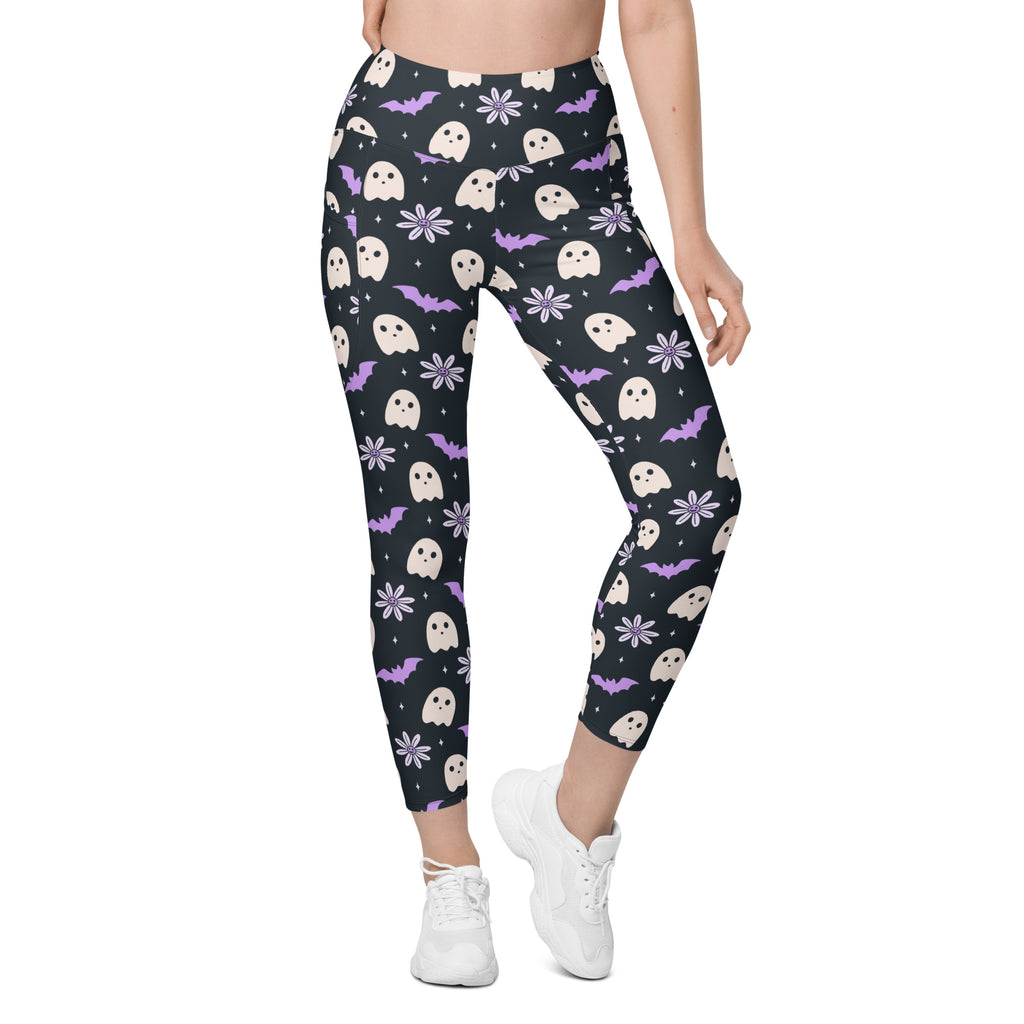 Women’s Purple Floral Ghost Halloween Yoga Leggings With Pockets – High-Waisted, Soft Compression Active Pants