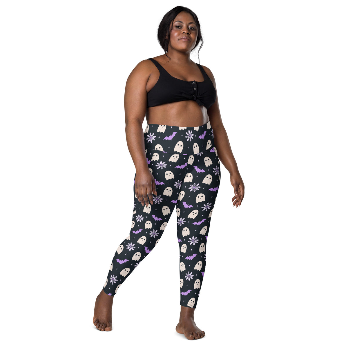 Women’s Purple Floral Ghost Halloween Yoga Leggings With Pockets – High-Waisted, Soft Compression Active Pants