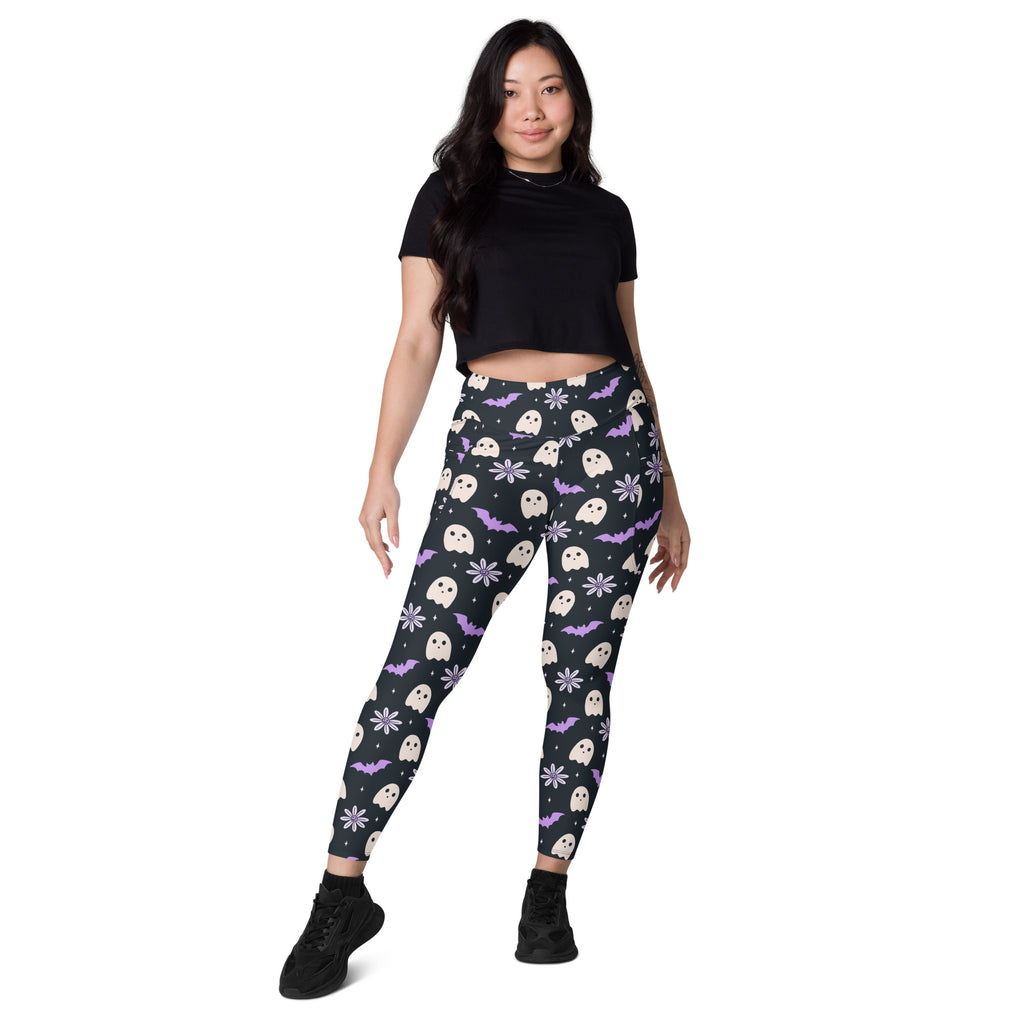 Women’s Purple Floral Ghost Halloween Yoga Leggings With Pockets – High-Waisted, Soft Compression Active Pants
