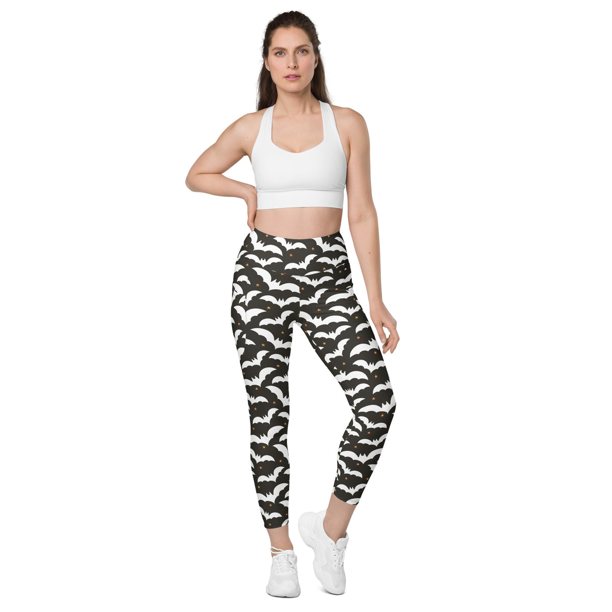 Women’s Dark Brown Halloween Bat Yoga Leggings With Pockets – High-Waisted, Soft Compression Active Pants