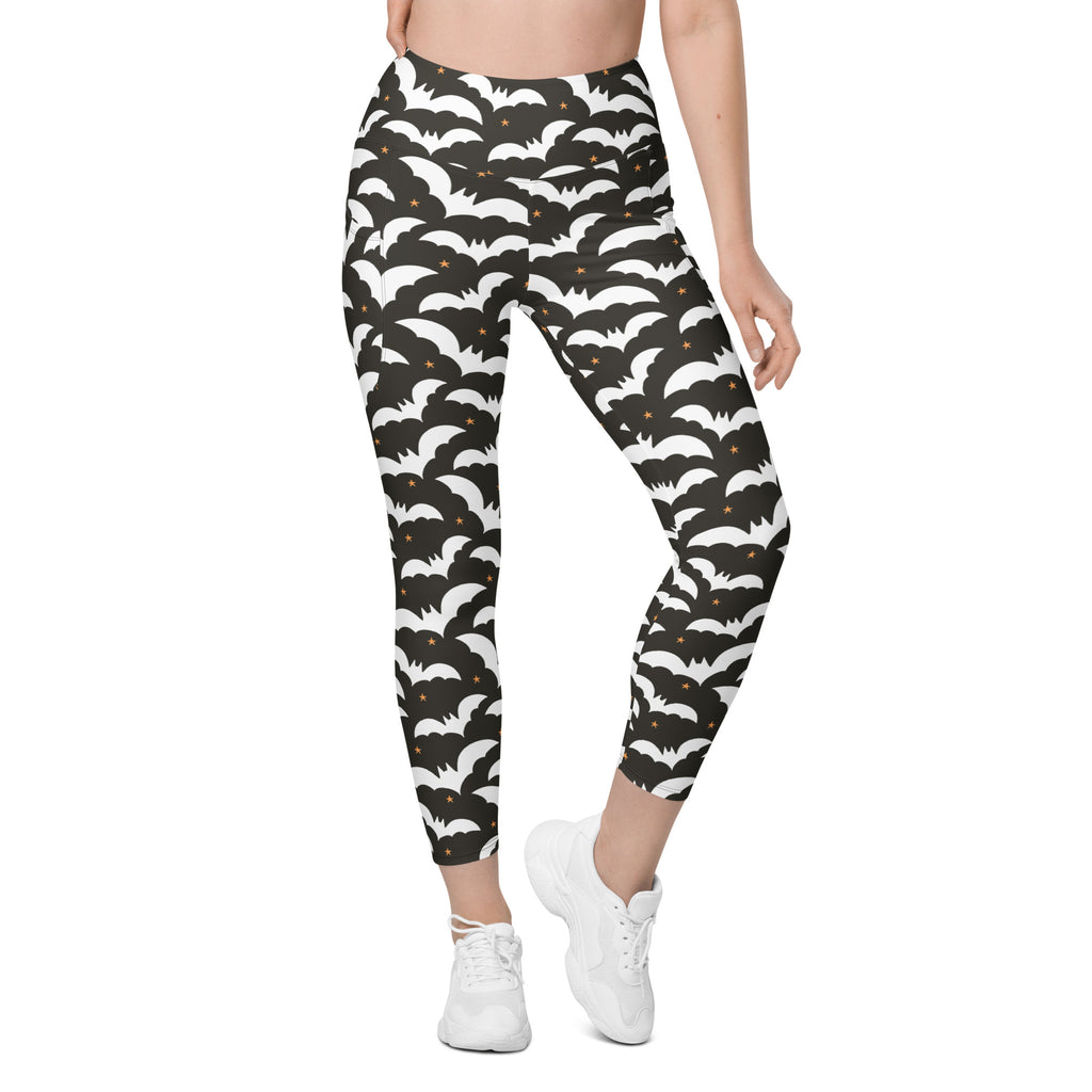 Women’s Dark Brown Halloween Bat Yoga Leggings With Pockets – High-Waisted, Soft Compression Active Pants