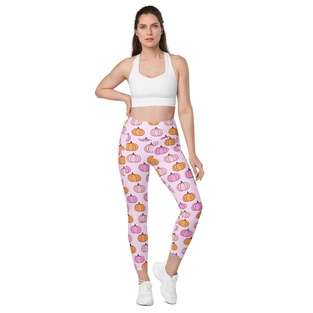 Women’s Pink & Orange Pumpkin Patch Yoga Leggings With Pockets – High-Waisted, Soft Compression Active Pants