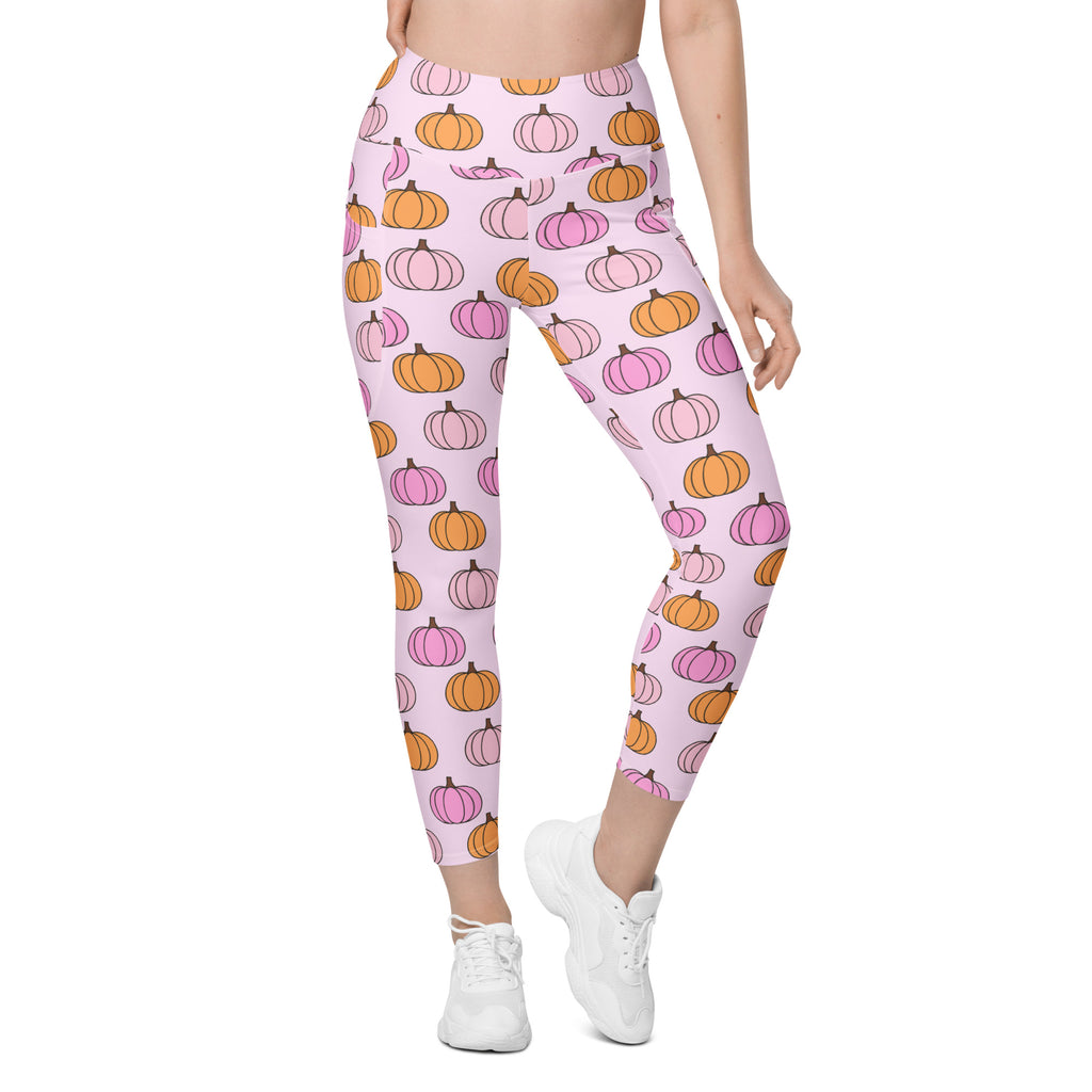 Women’s Pink & Orange Pumpkin Patch Yoga Leggings With Pockets – High-Waisted, Soft Compression Active Pants